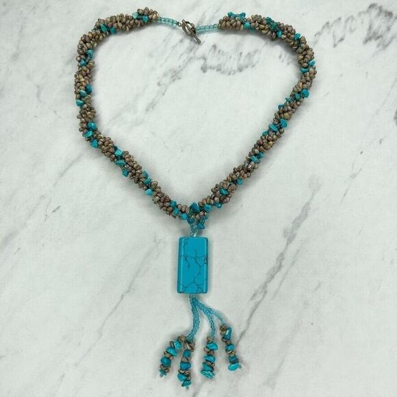 Faux Turquoise Chunky Beaded Tassel Pendant Toggle Necklace - Picture 1 of 9